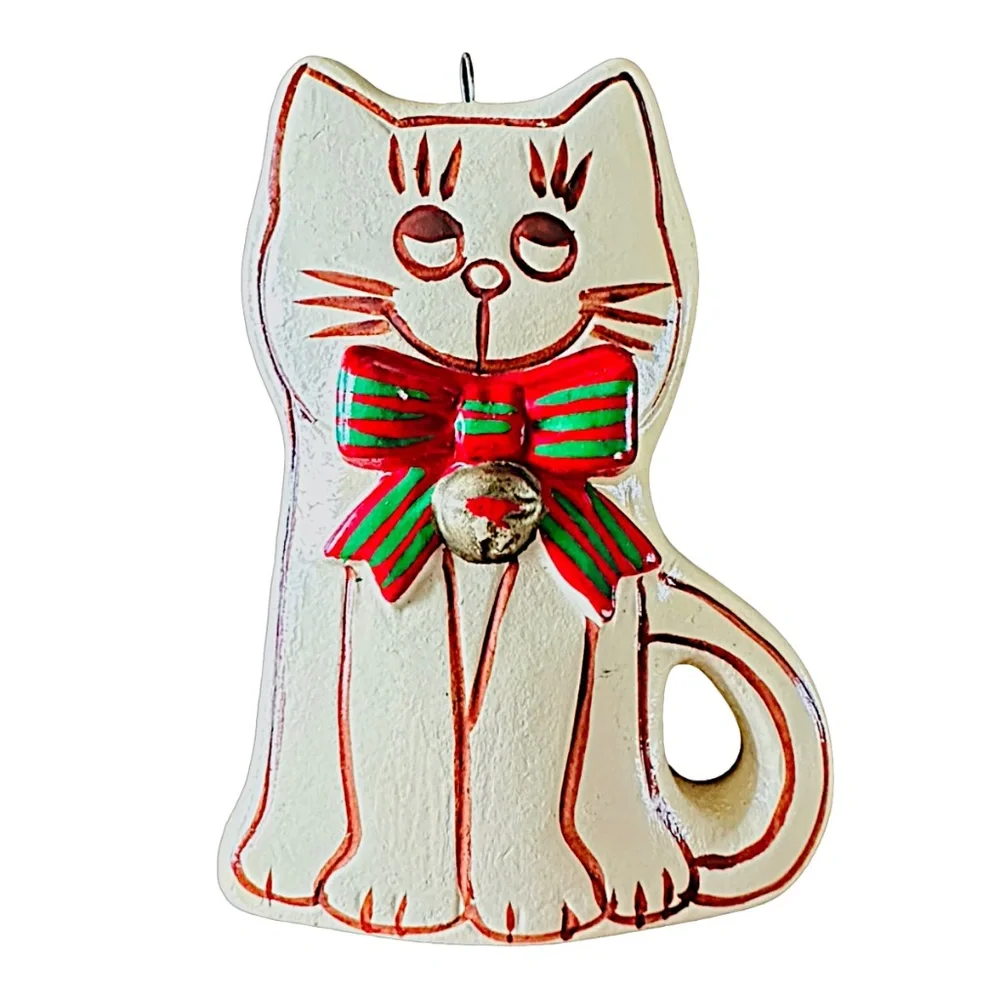 ENESCO Vintage Ceramic Christmas Kitten Ornament (pair of 2) Cream Hand Painted